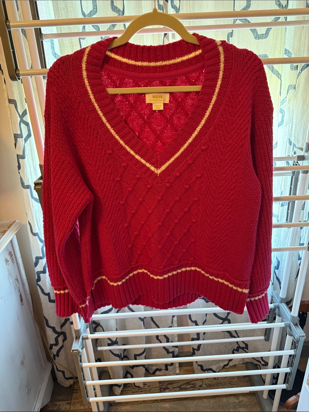 Anthropologie Crimson V-Neck Knit Sweater with Cream Trim